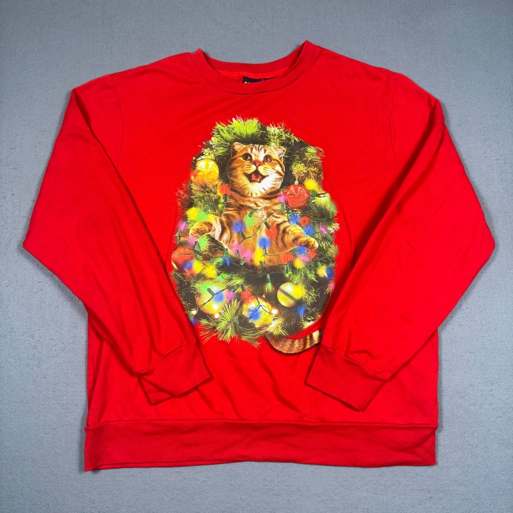 Mad Engine Ugly Christmas Sweater Mens XL Red Cat Tree Lights Graphic Sweatshirt